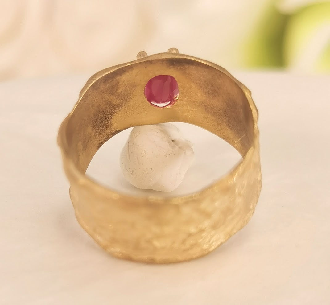 Red Ruby 12mm Wide 18k Textured Gold Band Ring