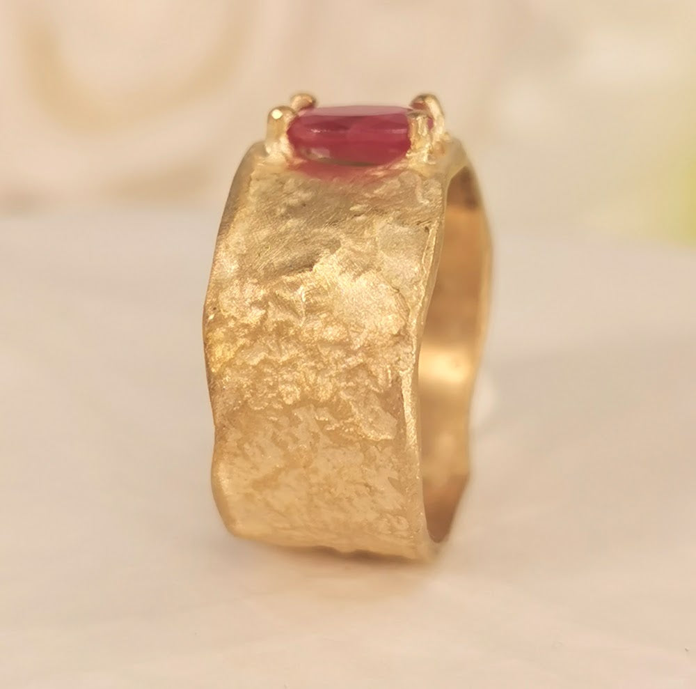 Red Ruby 12mm Wide 18k Textured Gold Band Ring