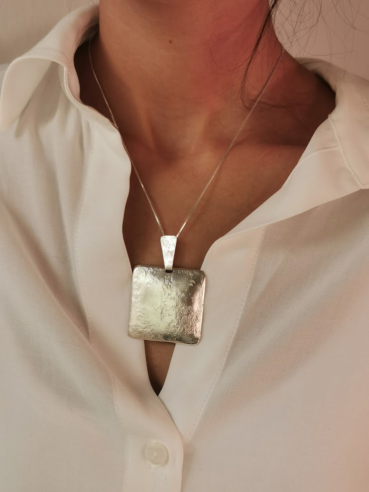 Large Square Silver Pendant Textured Silver Finish