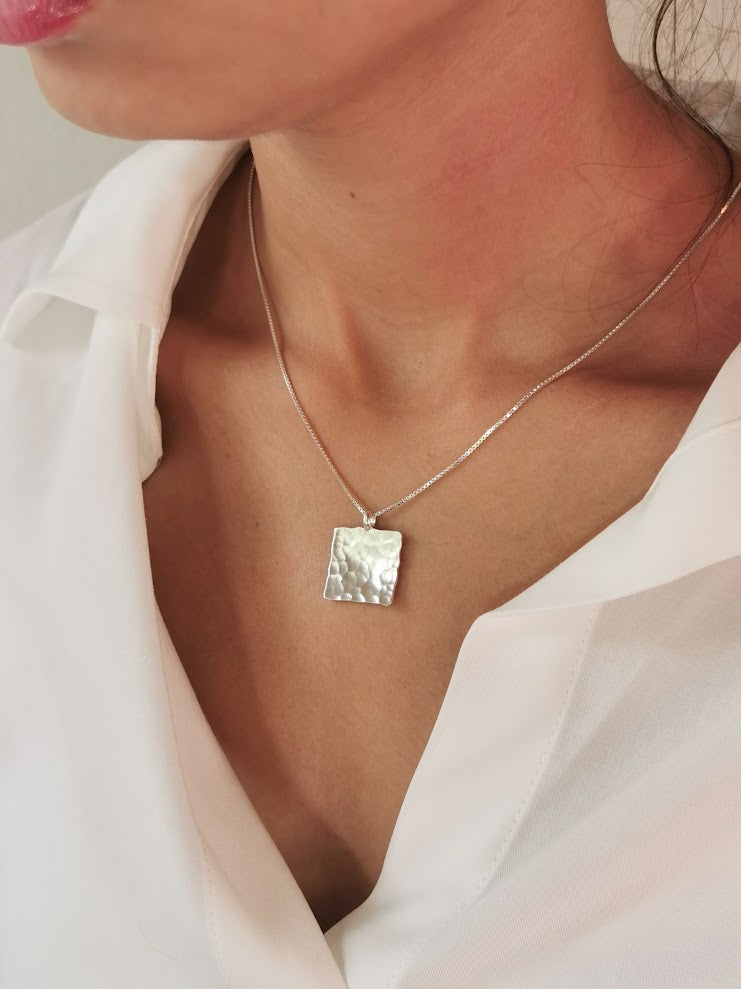 Hammered Silver Minimalist Square Pendant Necklace