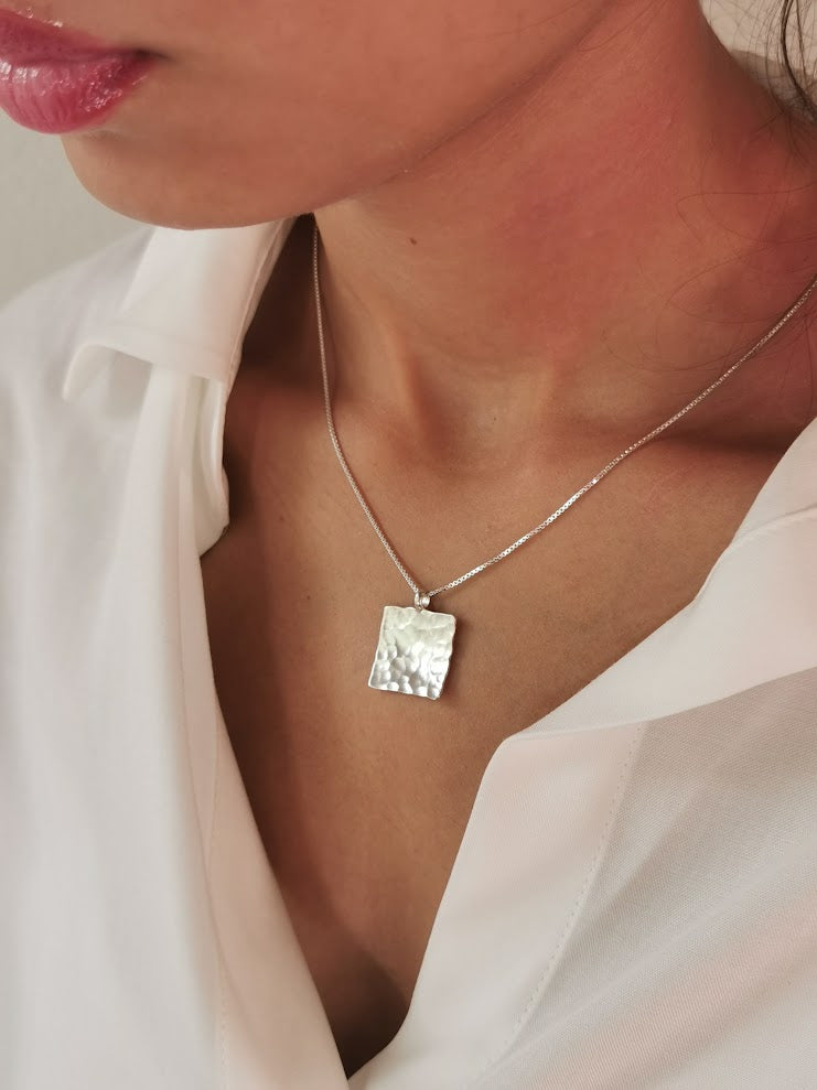 Hammered Silver Minimalist Square Pendant Necklace