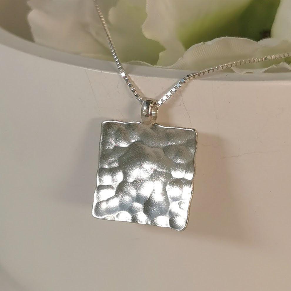 Hammered Silver Minimalist Square Pendant Necklace