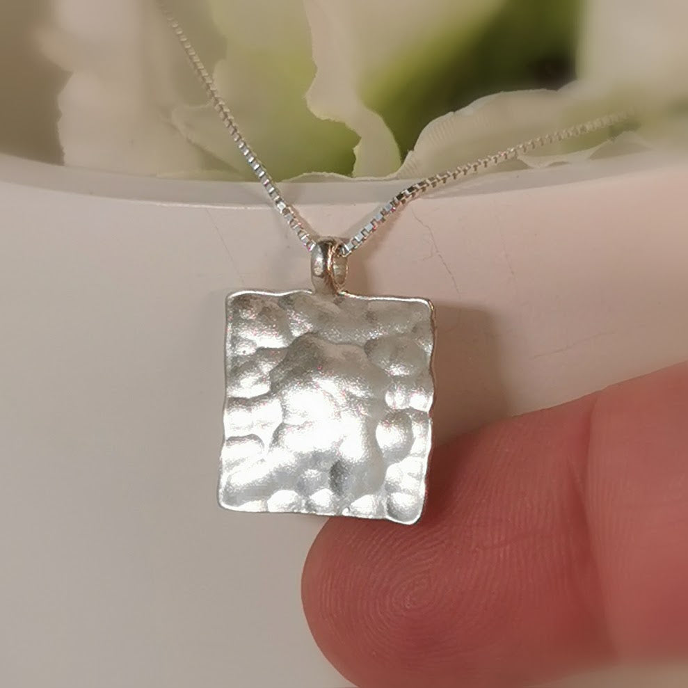 Hammered Silver Minimalist Square Pendant Necklace