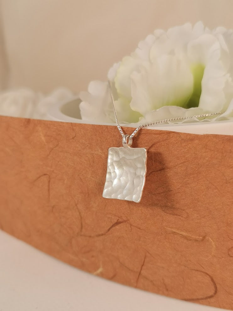 Hammered Silver Minimalist Square Pendant Necklace