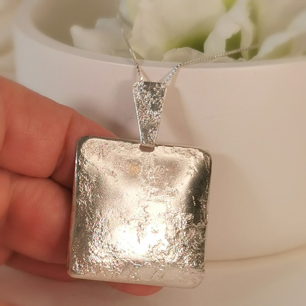 Large Square Silver Pendant Textured Silver Finish