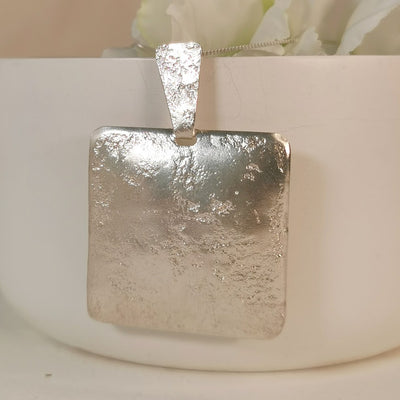 Large Square Silver Pendant Textured Silver Finish