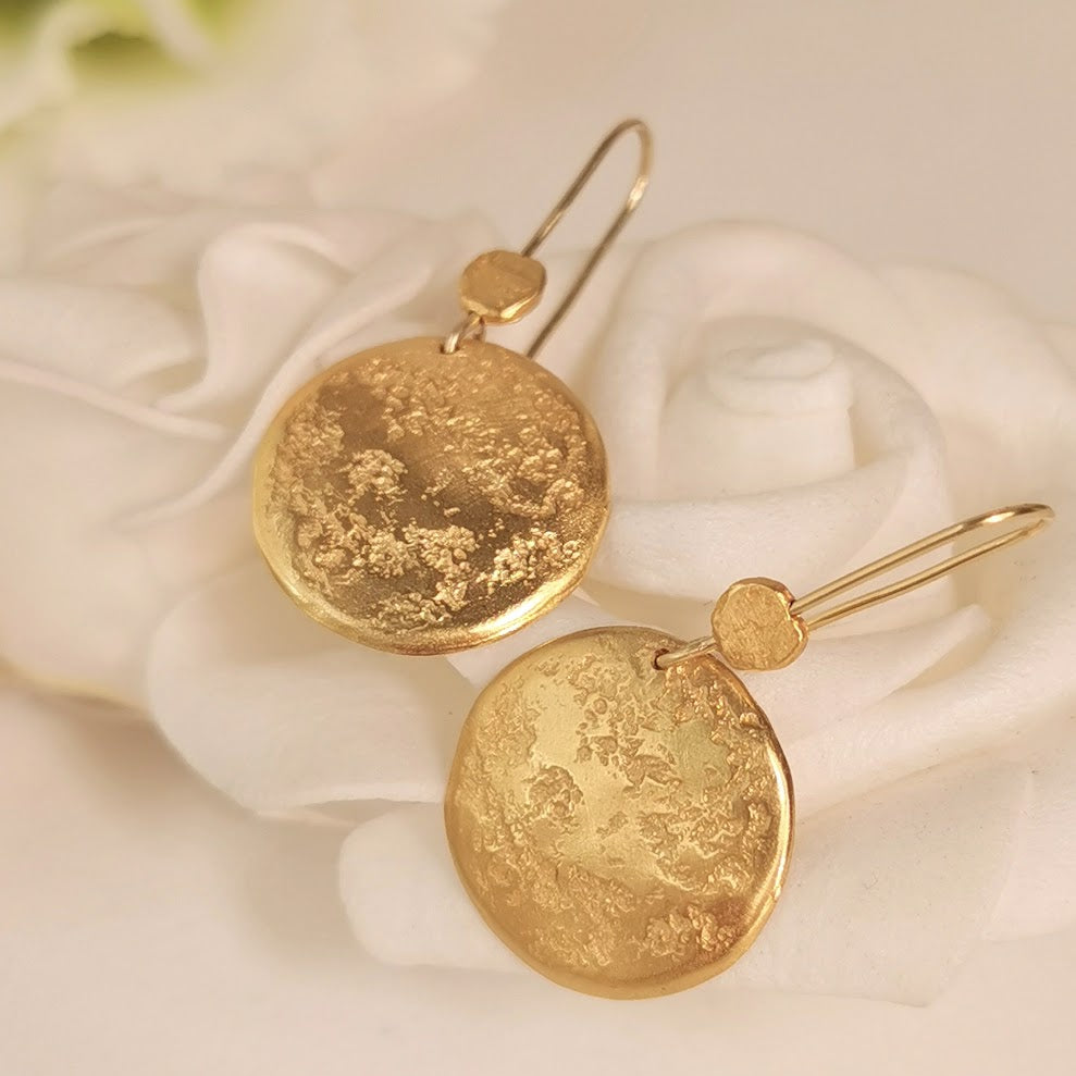 22k Solid Yellow Textured Gold Circle Coin Earrings