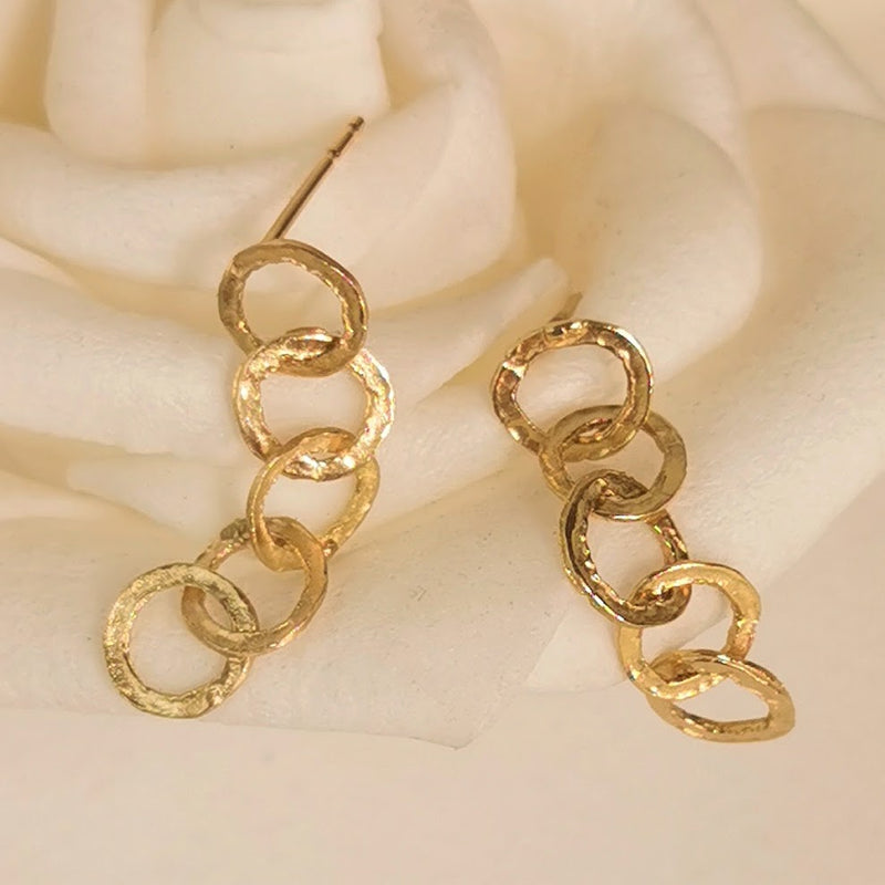 Handmade 14k Solid Gold 5 Tier Hoop Link Dangle Earrings