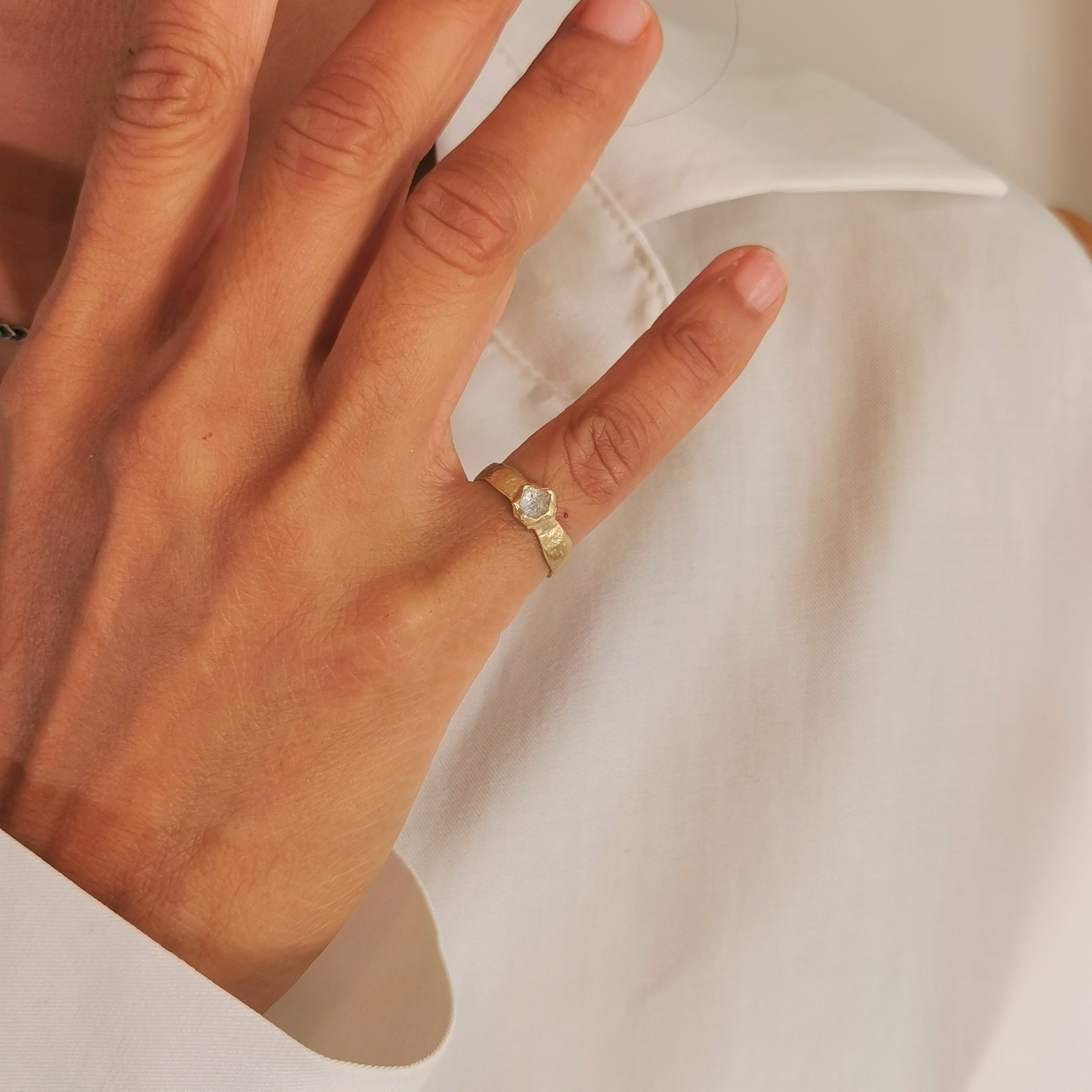 Raw Diamond Hand Forged 18k Gold Ring ,Organic Hammered Engagement Ring