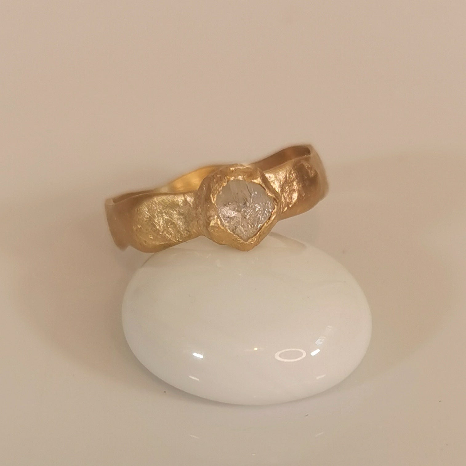 Raw Diamond Hand Forged 18k Gold Ring ,Organic Hammered Engagement Ring