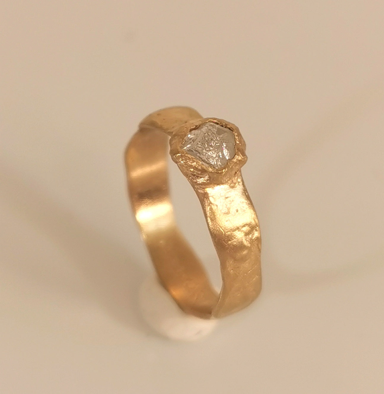 Raw Diamond Hand Forged 18k Gold Ring ,Organic Hammered Engagement Ring