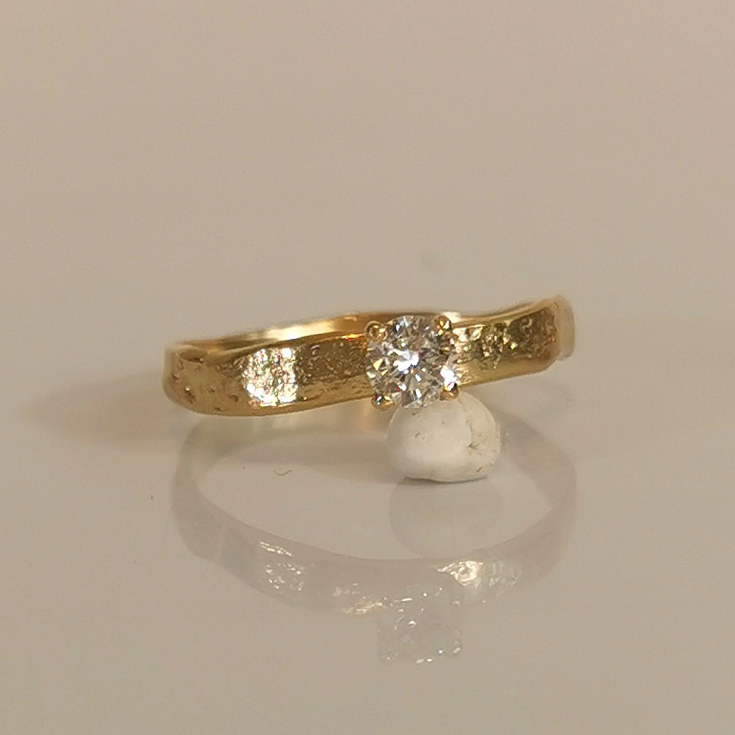 Textured Gold Band with a Solitaire Diamond in a 4 Prong Setting, Unique Engagement Ring