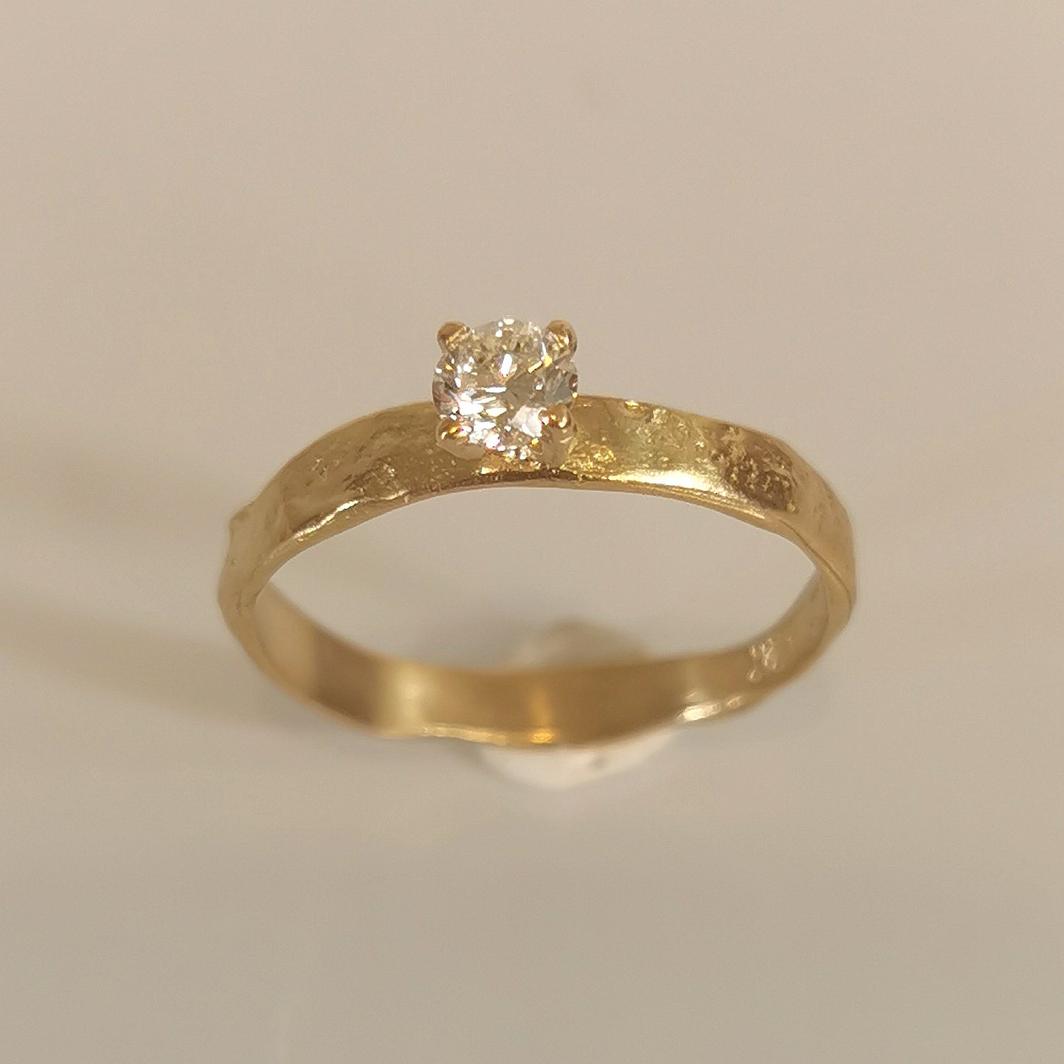 Textured Gold Band with a Solitaire Diamond in a 4 Prong Setting, Unique Engagement Ring