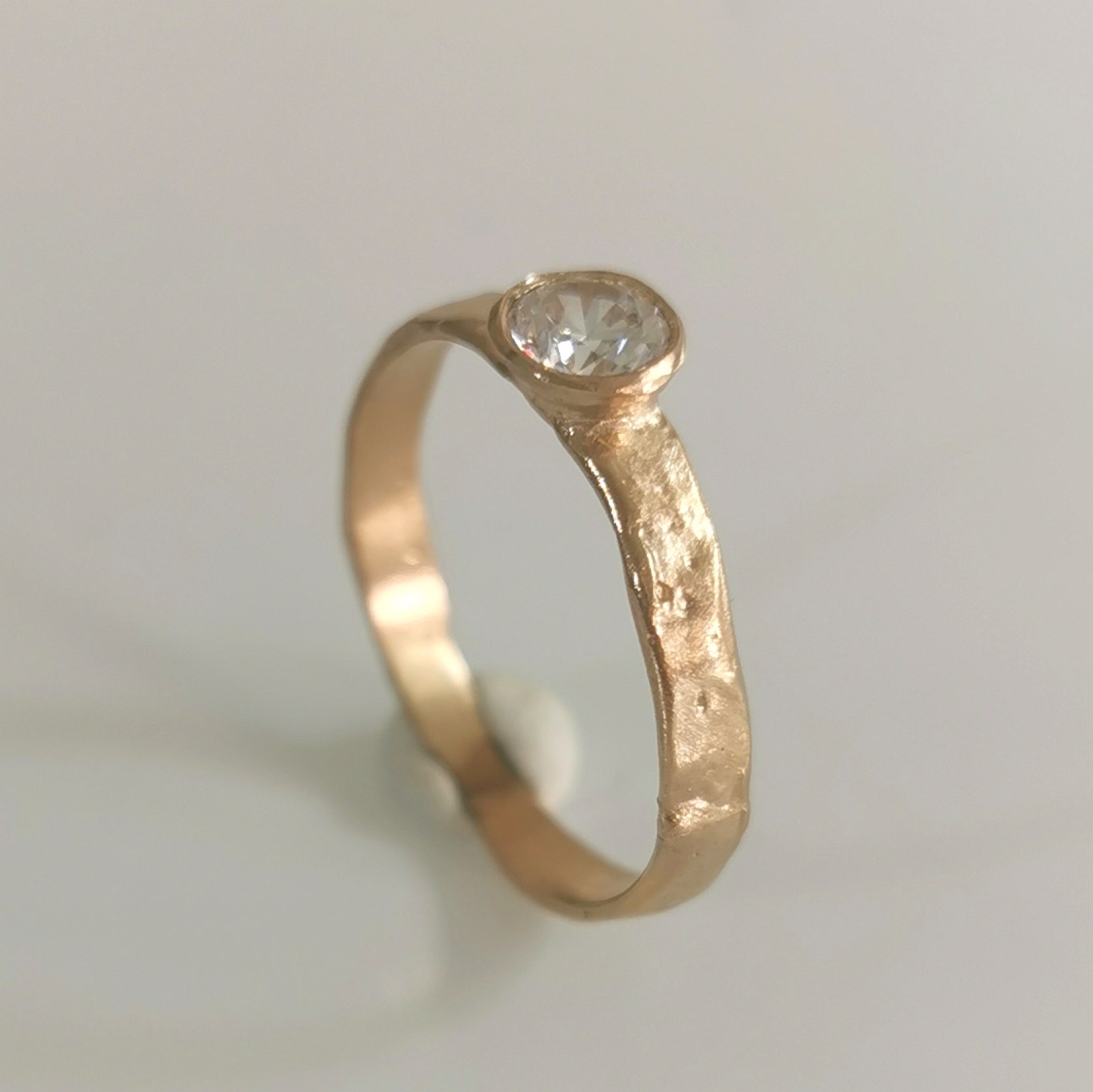Bezel Set Diamond Engagement Ring, Solid Gold Organic Rustic Band