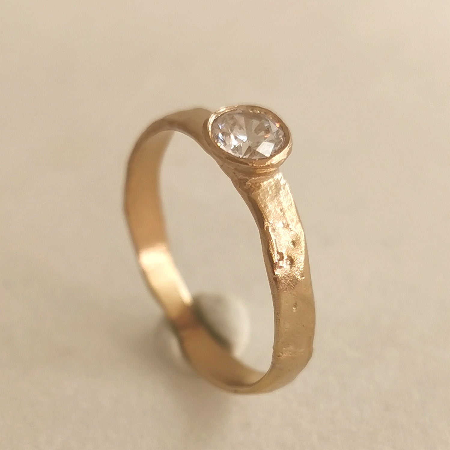 Bezel Set Diamond Engagement Ring, Solid Gold Organic Rustic Band