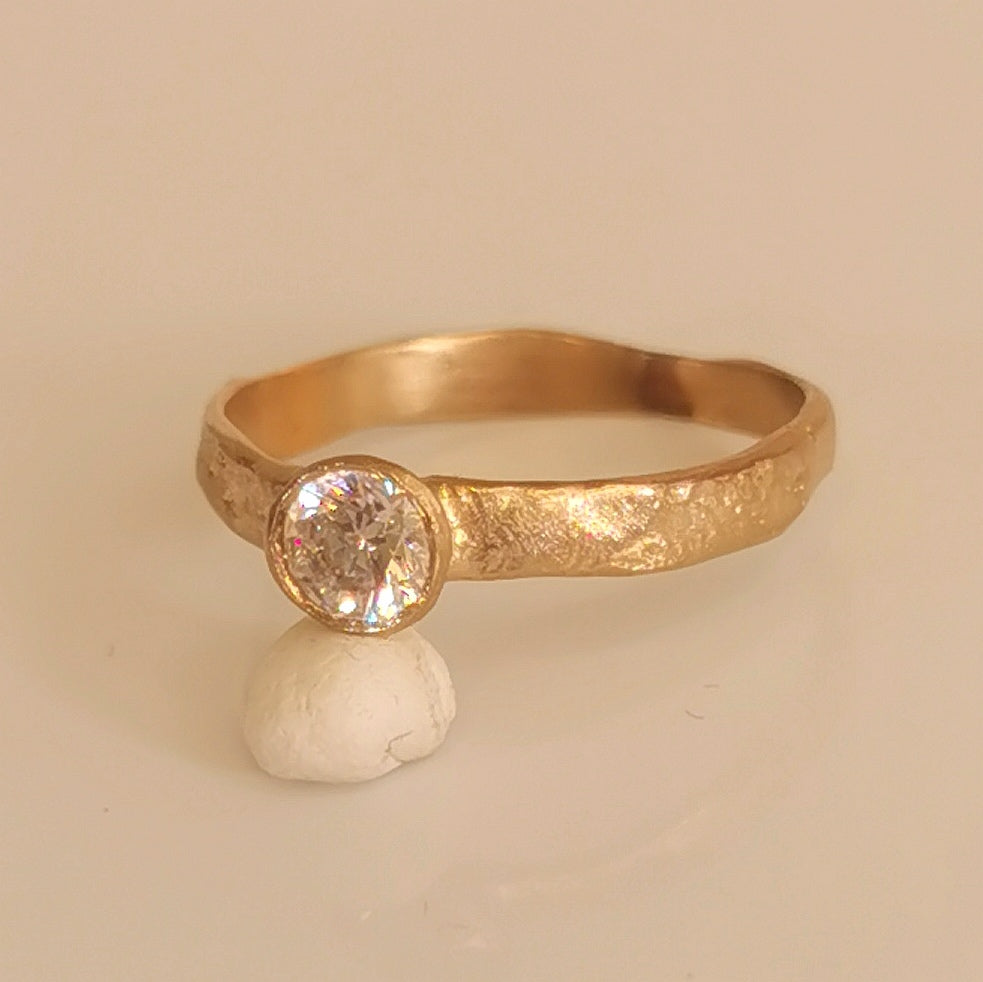 Bezel Set Diamond Engagement Ring, Solid Gold Organic Rustic Band