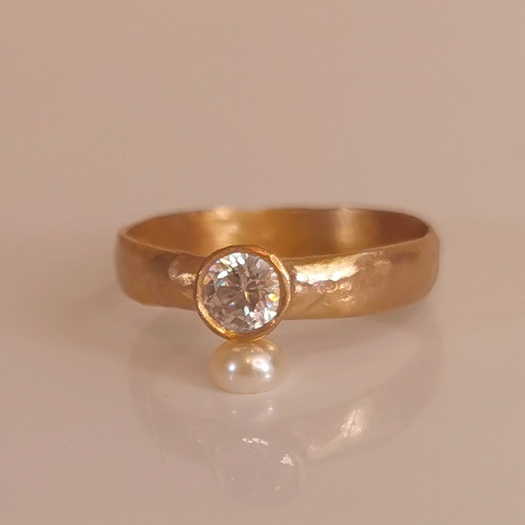 Solid Gold Organic Wide Band ,Bezel Set Diamond Engagement Ring