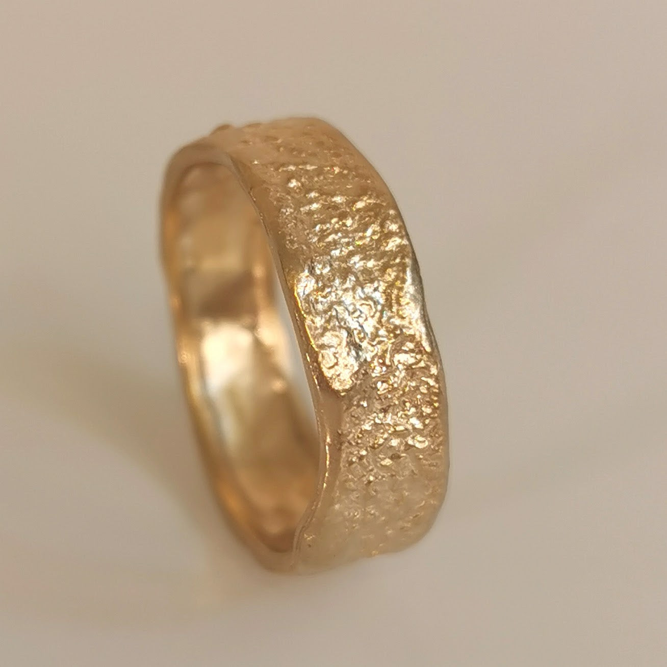 Organic Gold Wide Band Ring, Comfort Fit Hammered Wedding Band