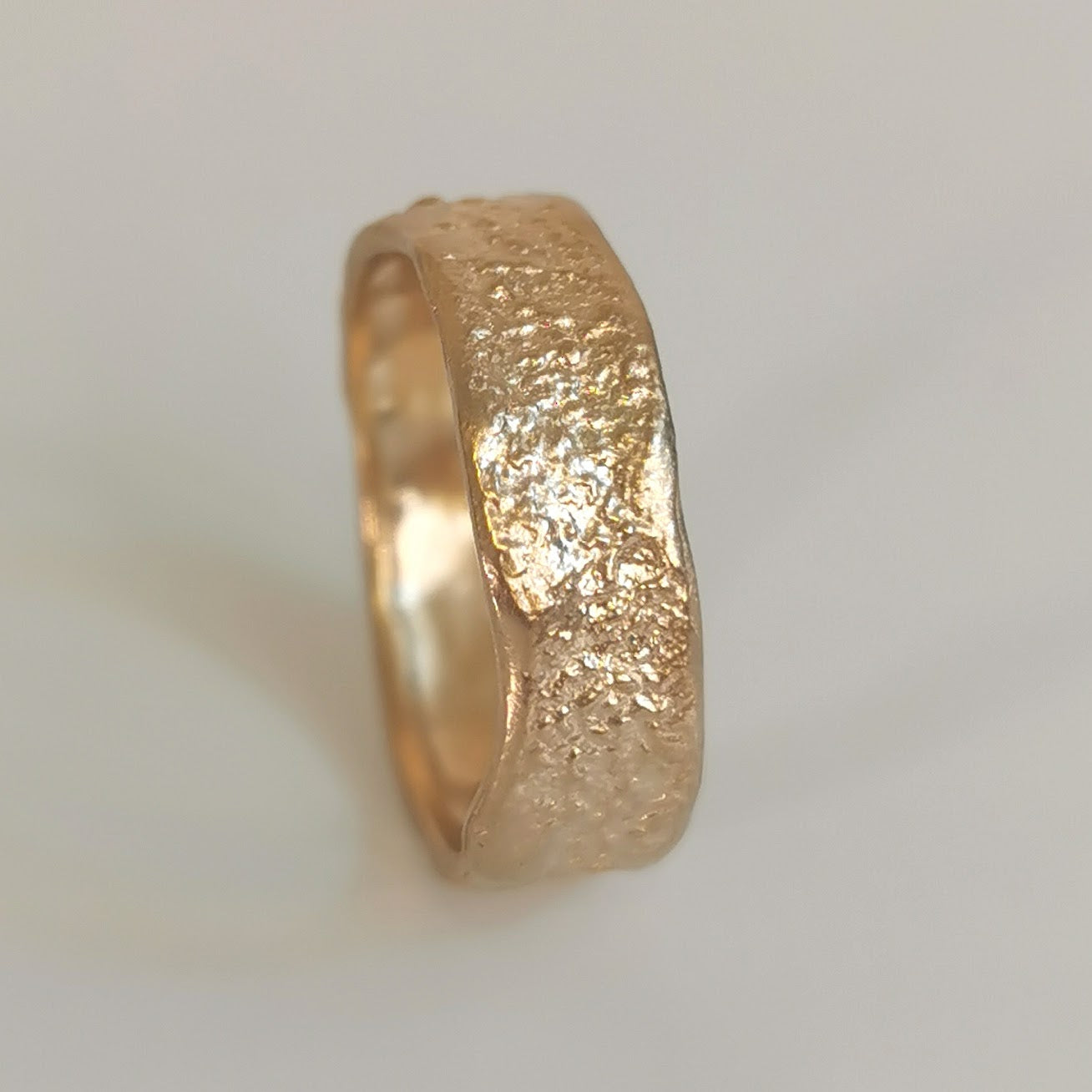 Organic Gold Wide Band Ring, Comfort Fit Hammered Wedding Band