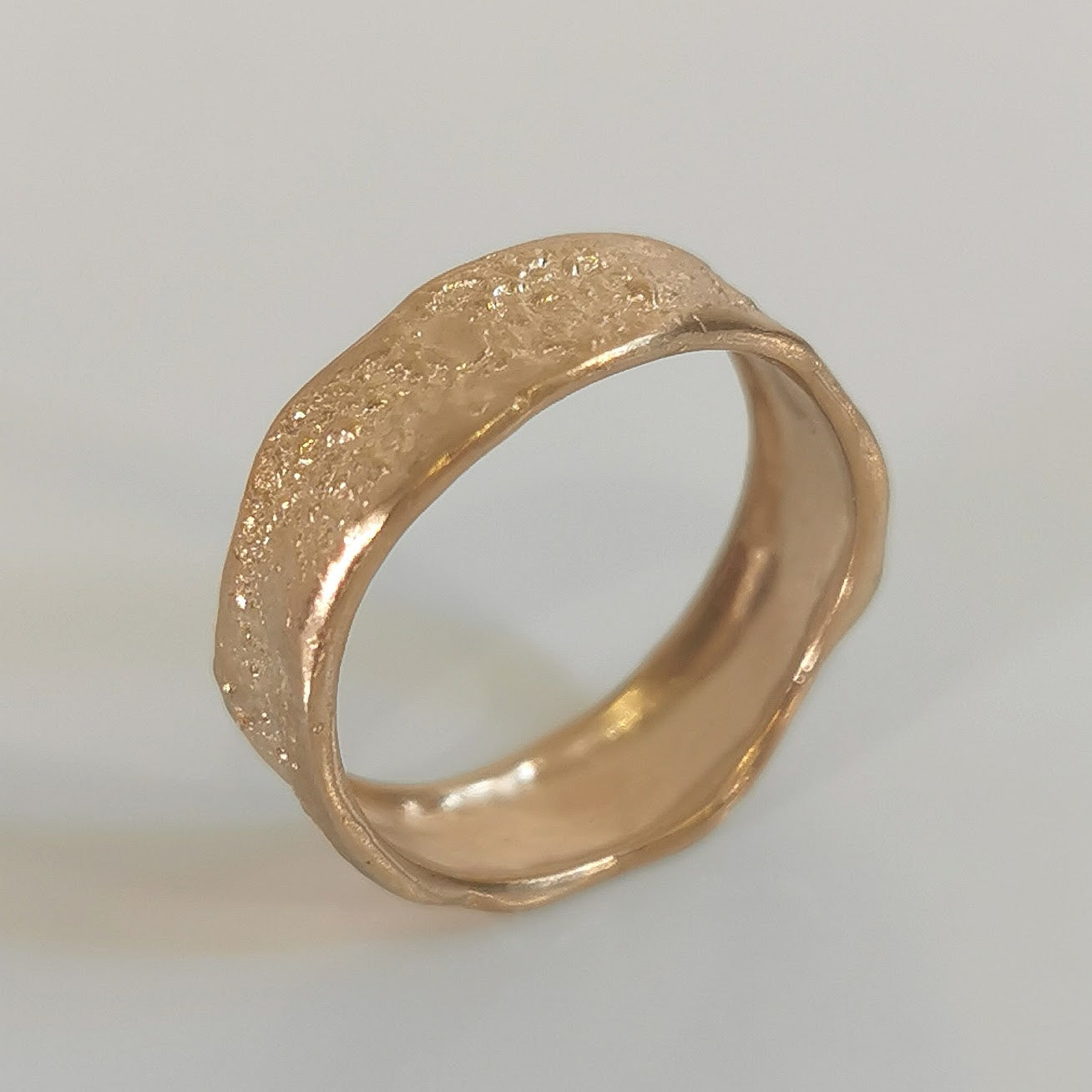Organic Gold Wide Band Ring, Comfort Fit Hammered Wedding Band