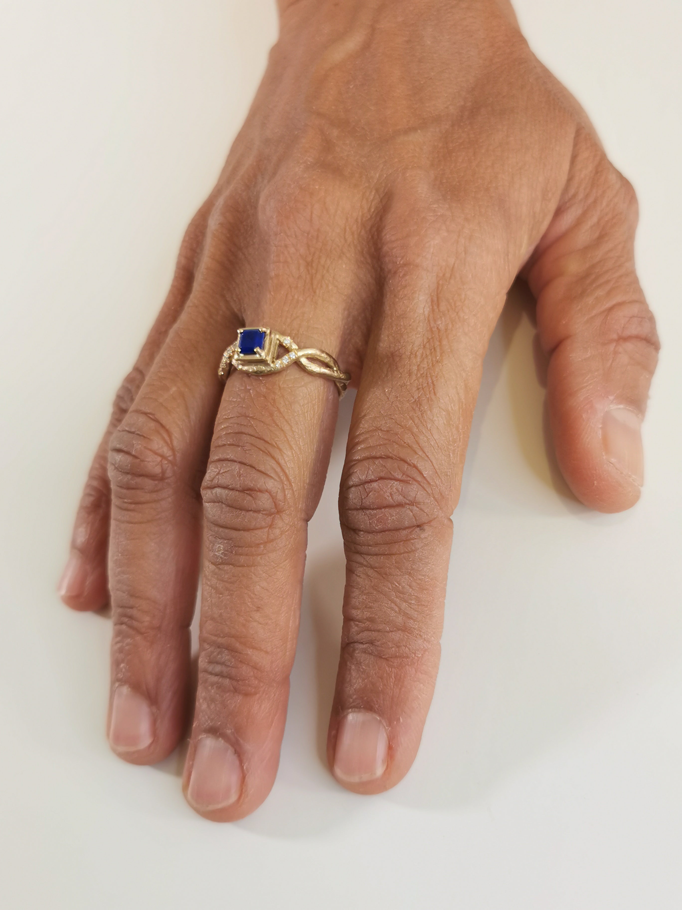 Unique Engagement Gold Ring with Diamonds and Central Blue Lapis Lazuli
