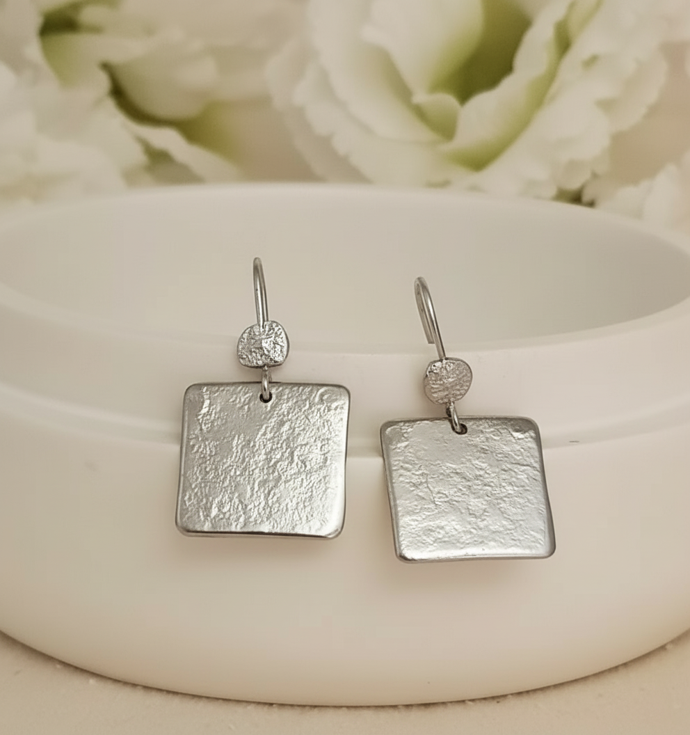 Large Hammered Silver Square Earrings