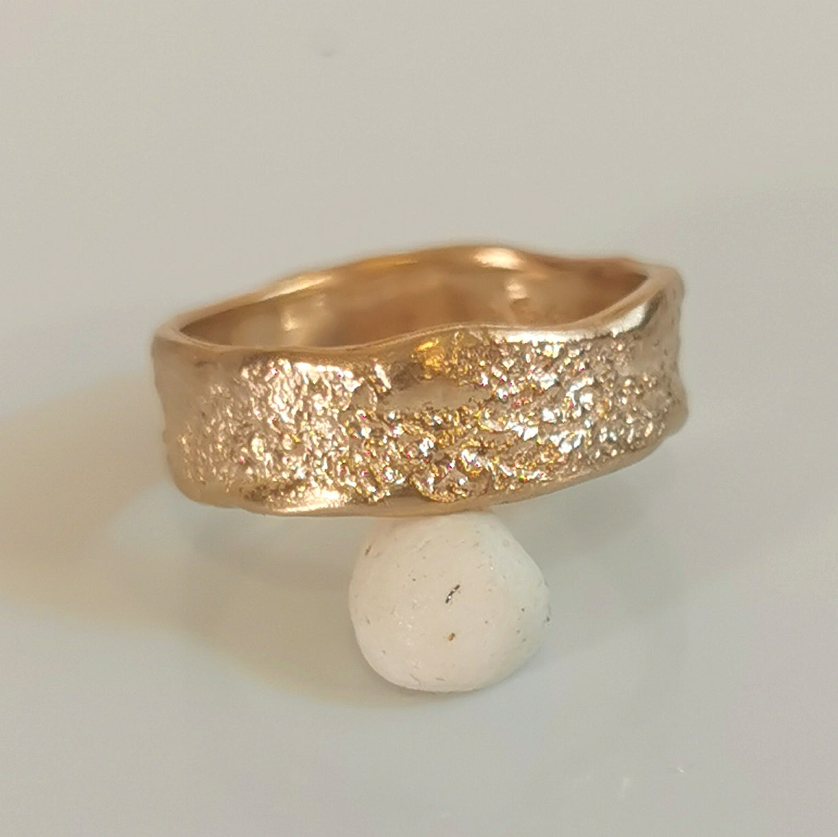 Organic Gold Wide Band Ring, Comfort Fit Hammered Wedding Band