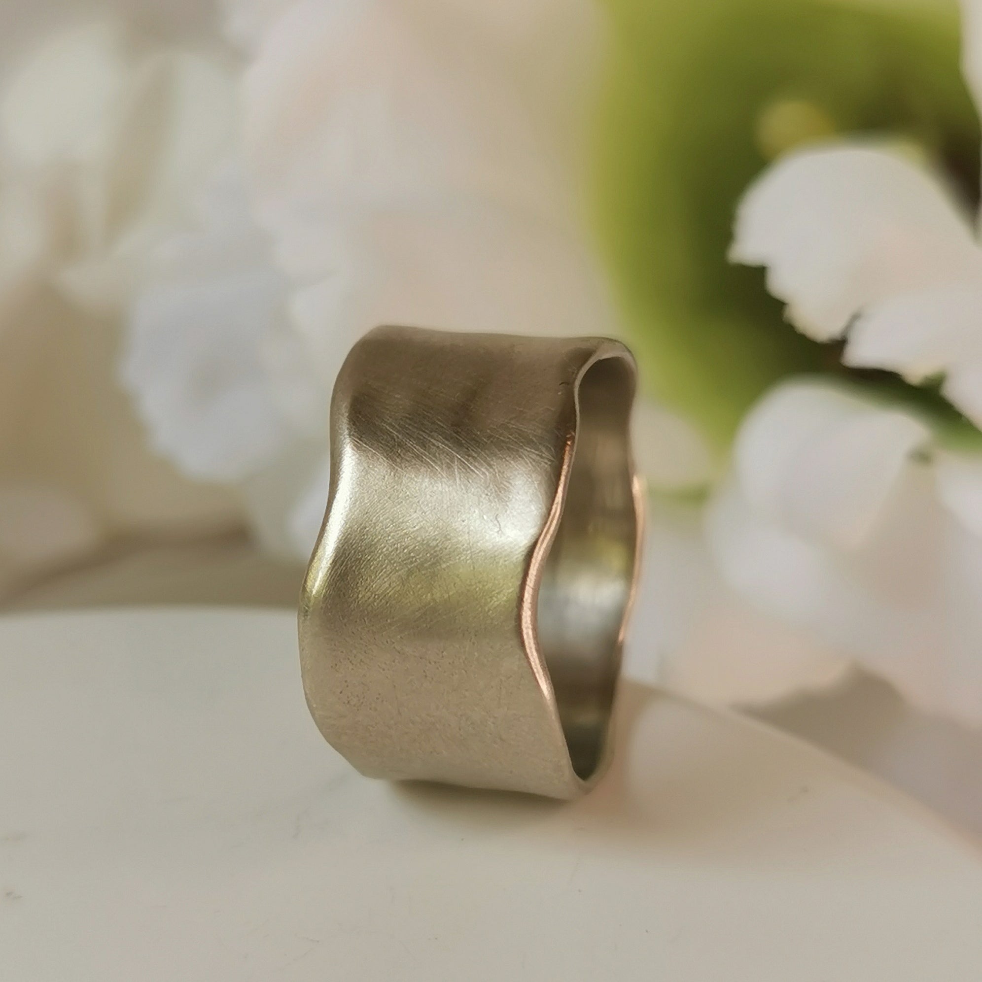 14K White Gold Wedding Band, Organic White Gold 11mm Wide Band Ring