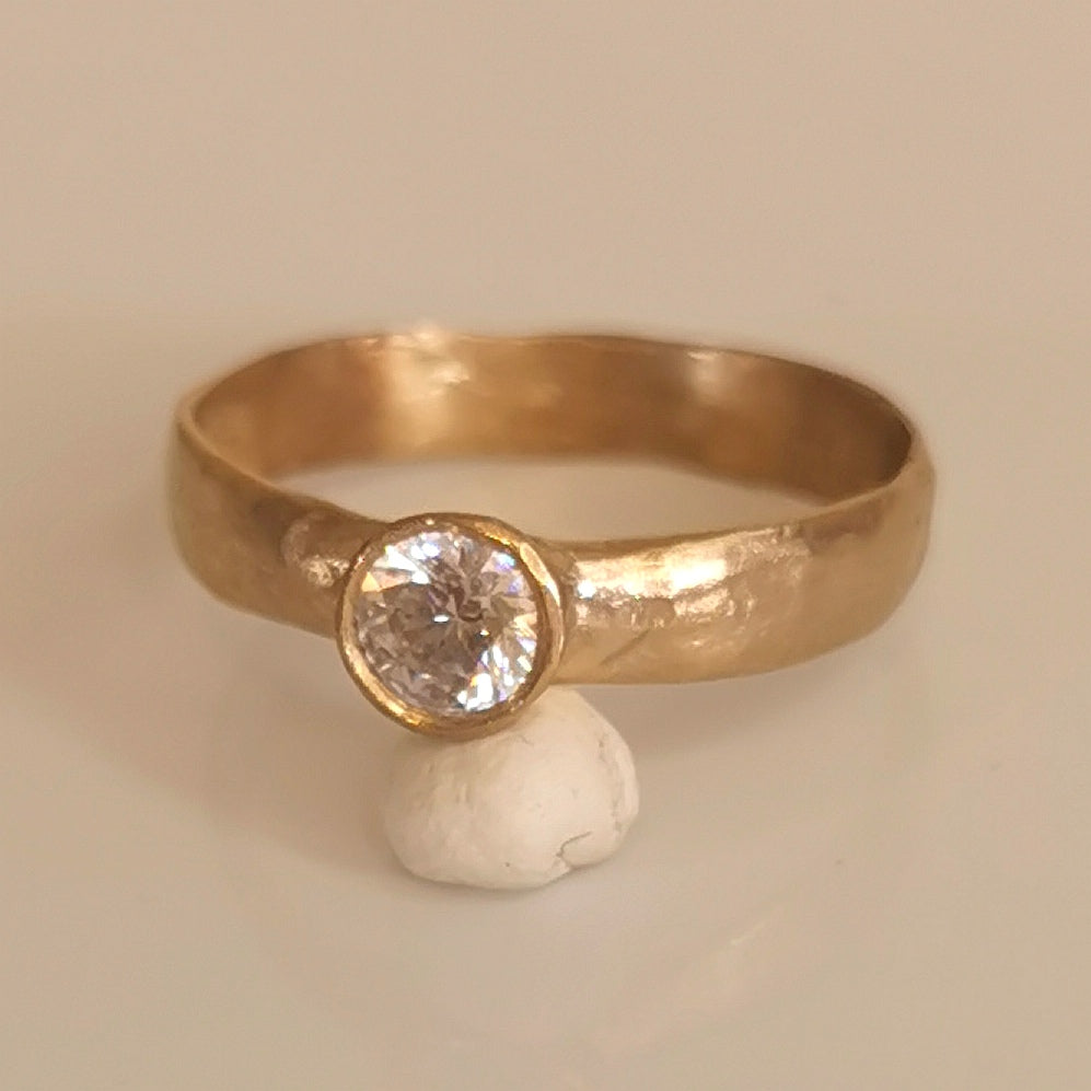 Solid Gold Organic Wide Band ,Bezel Set Diamond Engagement Ring