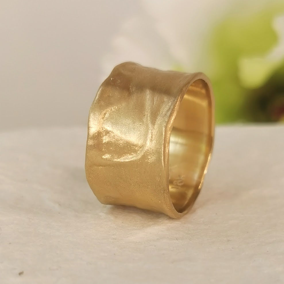 18k Gold Wide Textured Band Ring Carved Surface