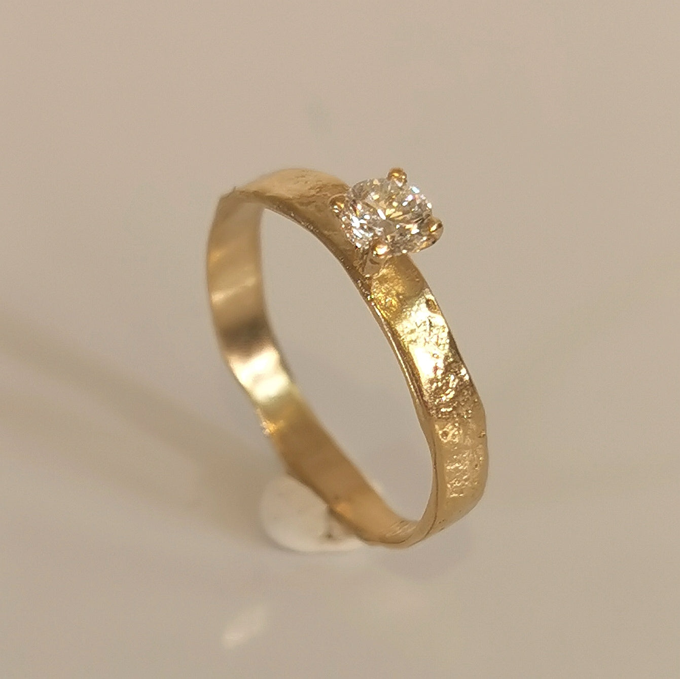 Textured Gold Band with a Solitaire Diamond in a 4 Prong Setting, Unique Engagement Ring