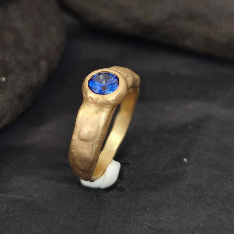 Dark Blue Sapphire Gemstone Chunky 14k Gold Ring-ZadokGold