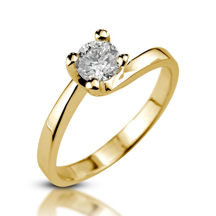 Four Prong Setting Round Diamond Ring, Bypass Yellow Gold Engagement Band