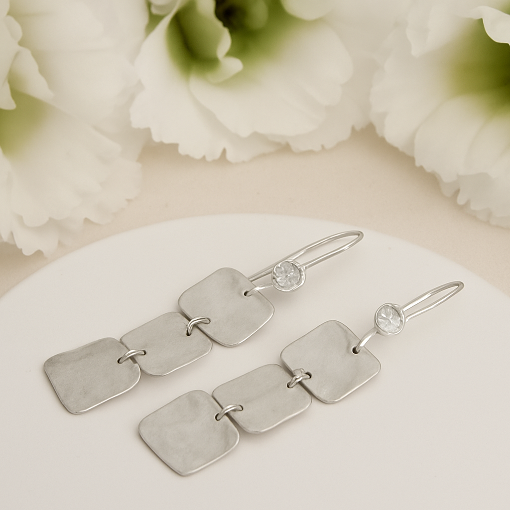 Sterling Silver Textured Long Rectangle Dangle Earrings