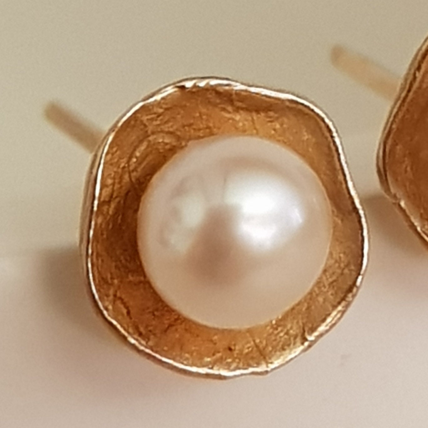 Handmade 14k Gold Pearl Stud Earrings, Real Cultured Pearls