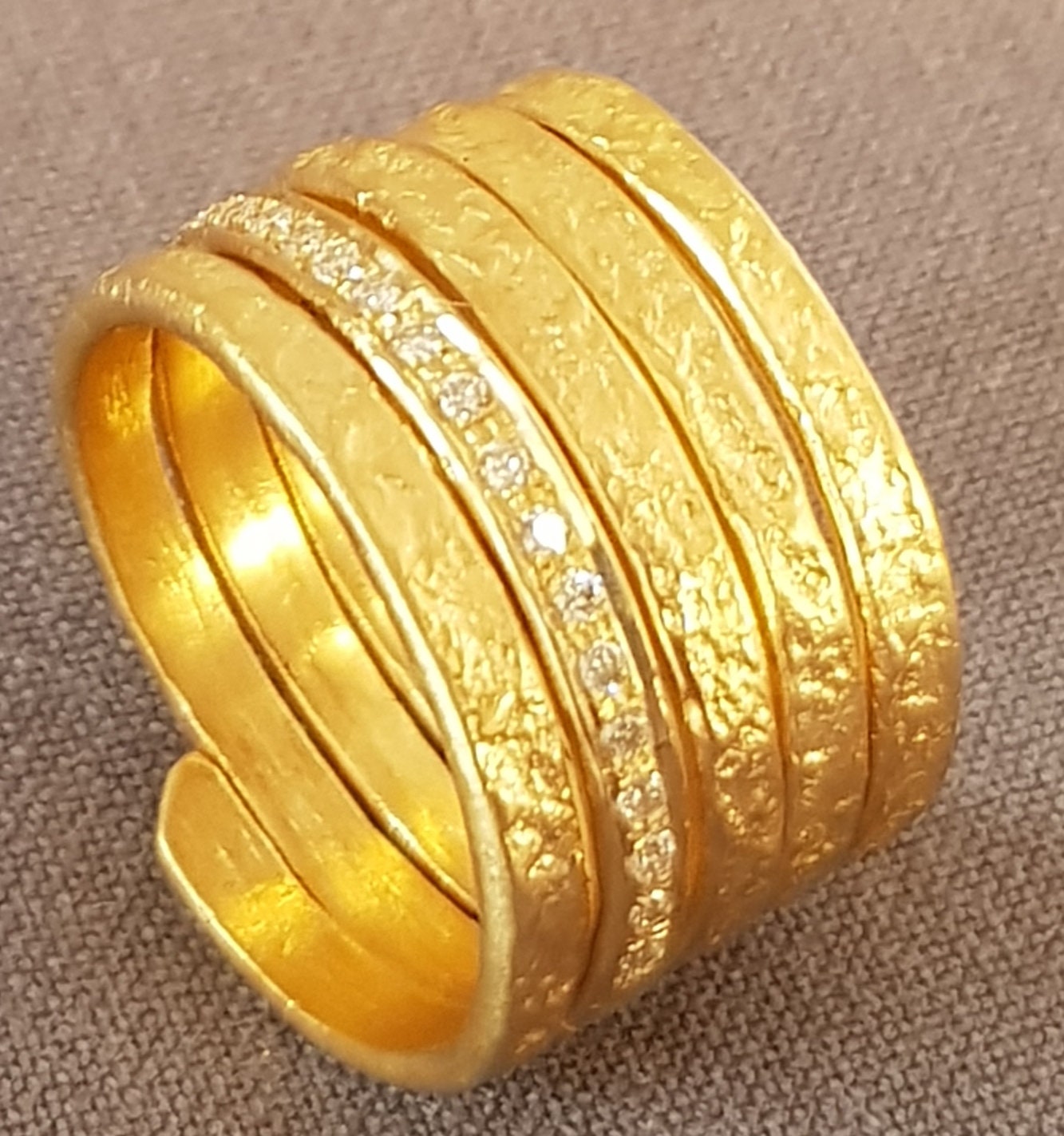 Extra Wide 18k Textured Gold Spiral Wrap Ring with 18 Small Diamonds