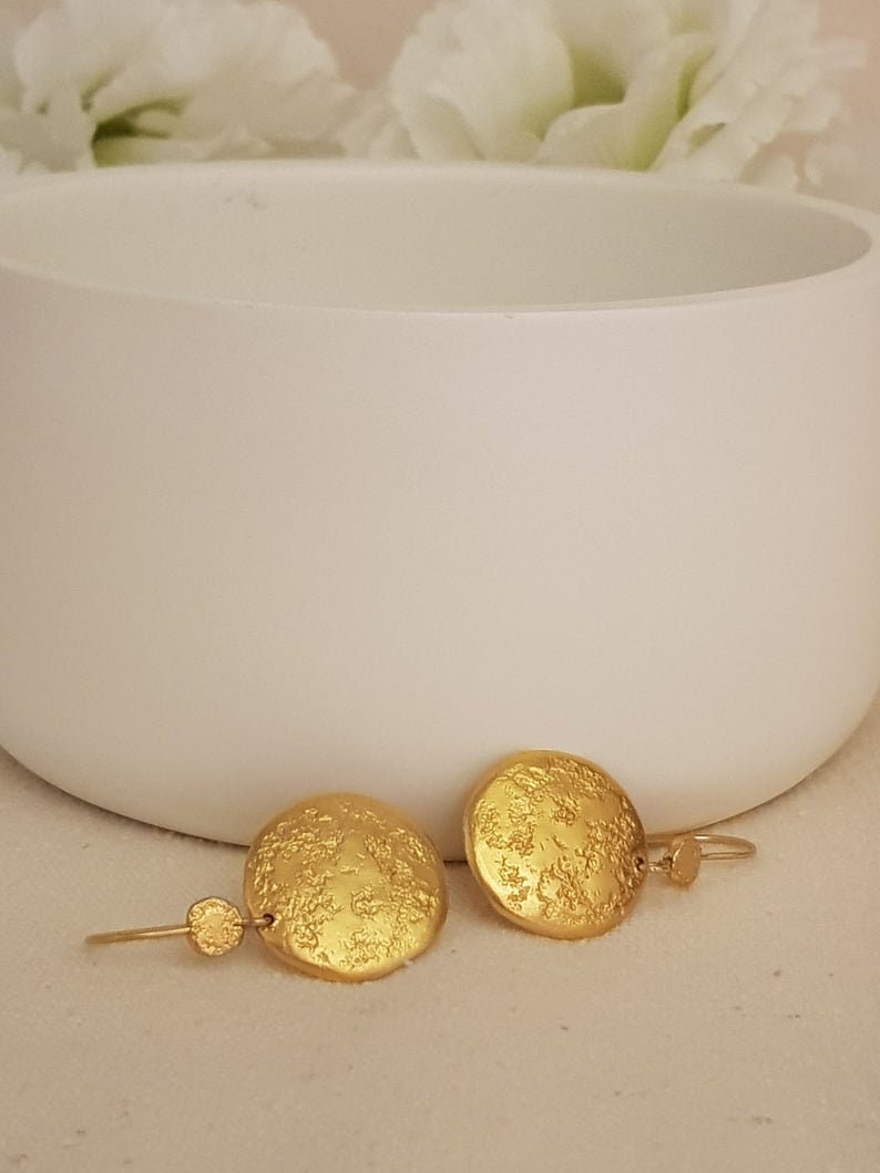 22k Solid Yellow Textured Gold Circle Coin Earrings