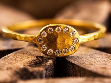 Hammered 14k Gold Diamond Ring with 12 Small Diamonds