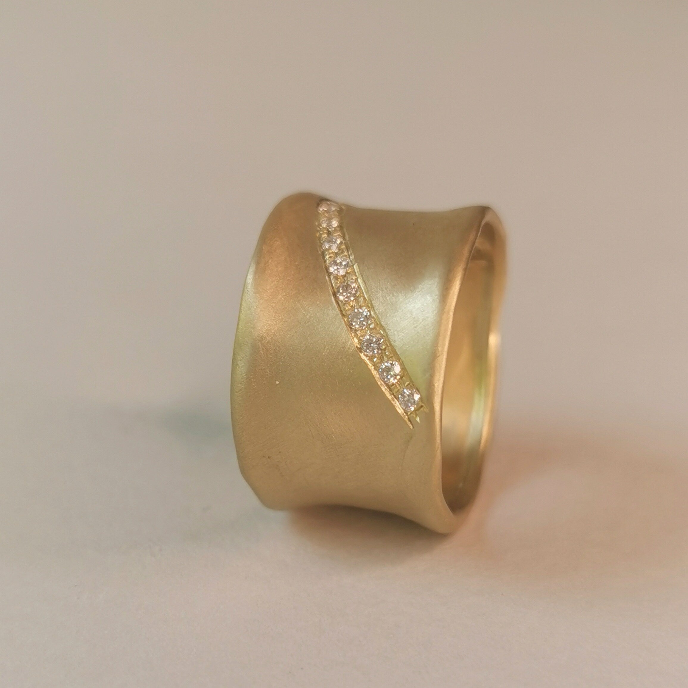 12mm Wide Matte Gold Ring with 15 small Diamonds-ZadokGold