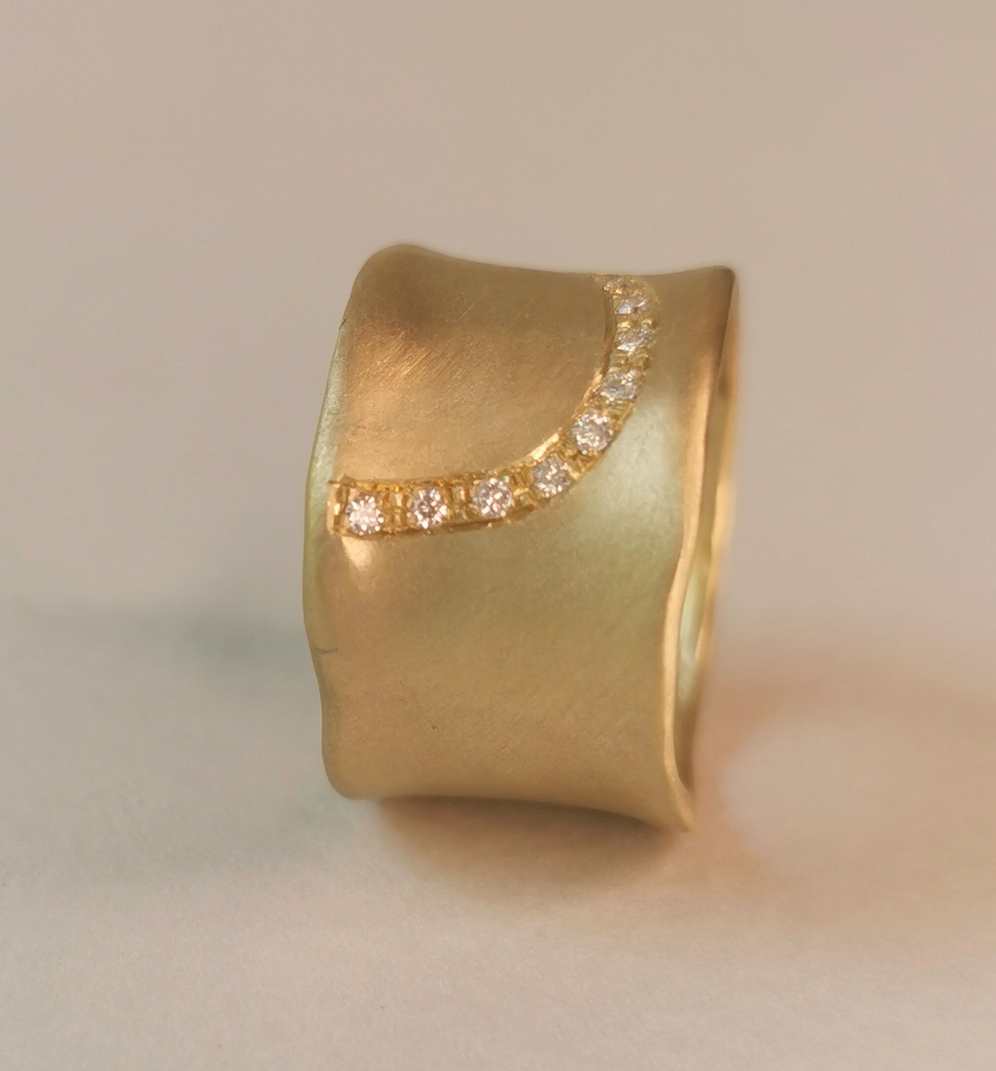 12mm Wide Matte Gold Ring with 15 small Diamonds-ZadokGold