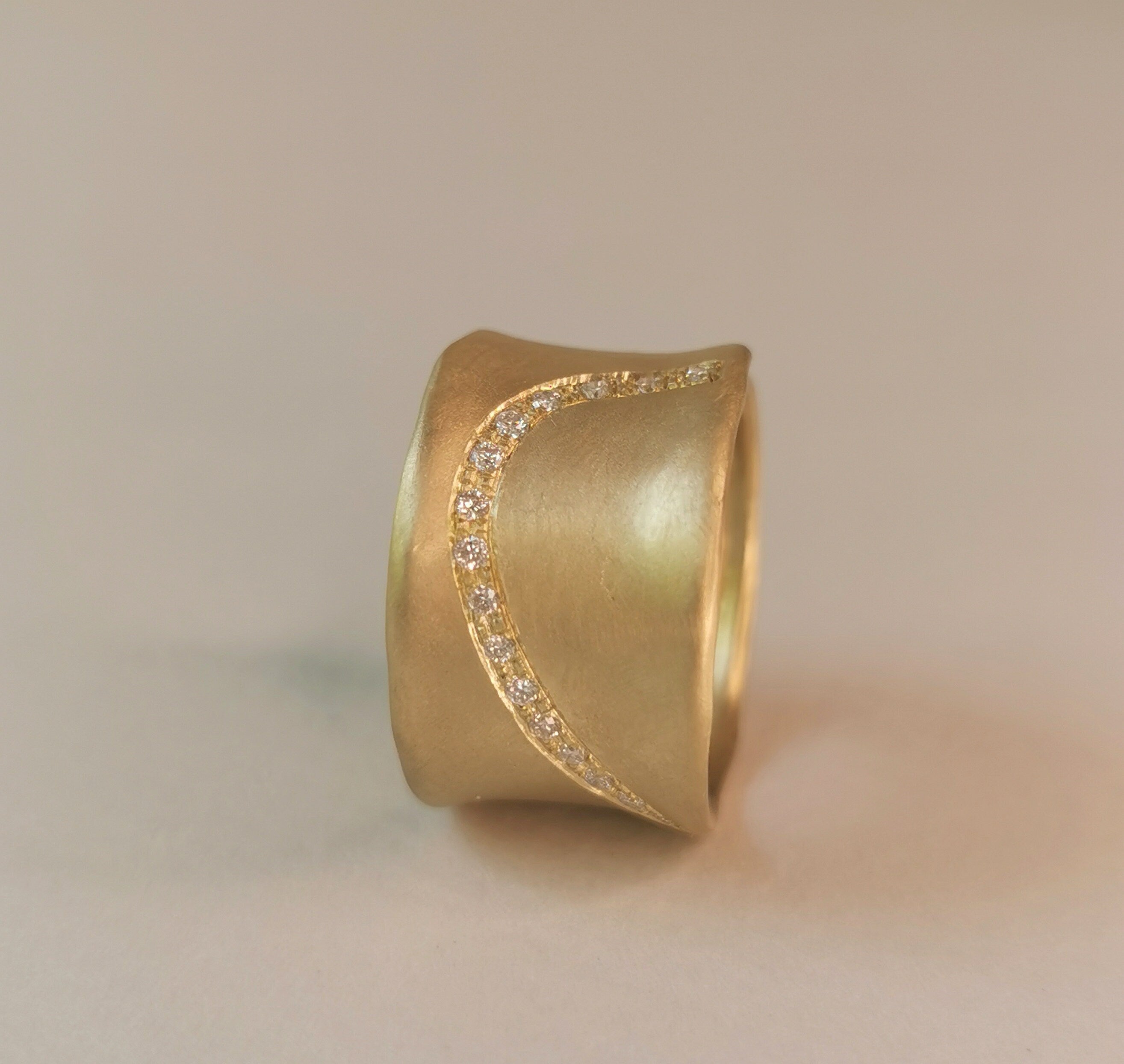 12mm Wide Matte Gold Ring with 15 small Diamonds-ZadokGold