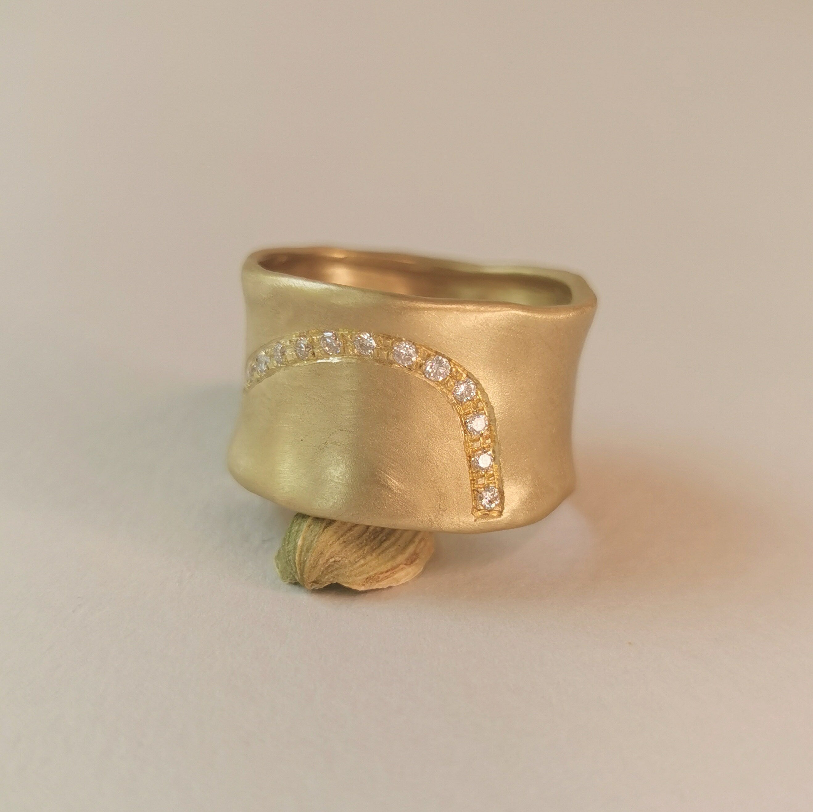 12mm Wide Matte Gold Ring with 15 small Diamonds-ZadokGold