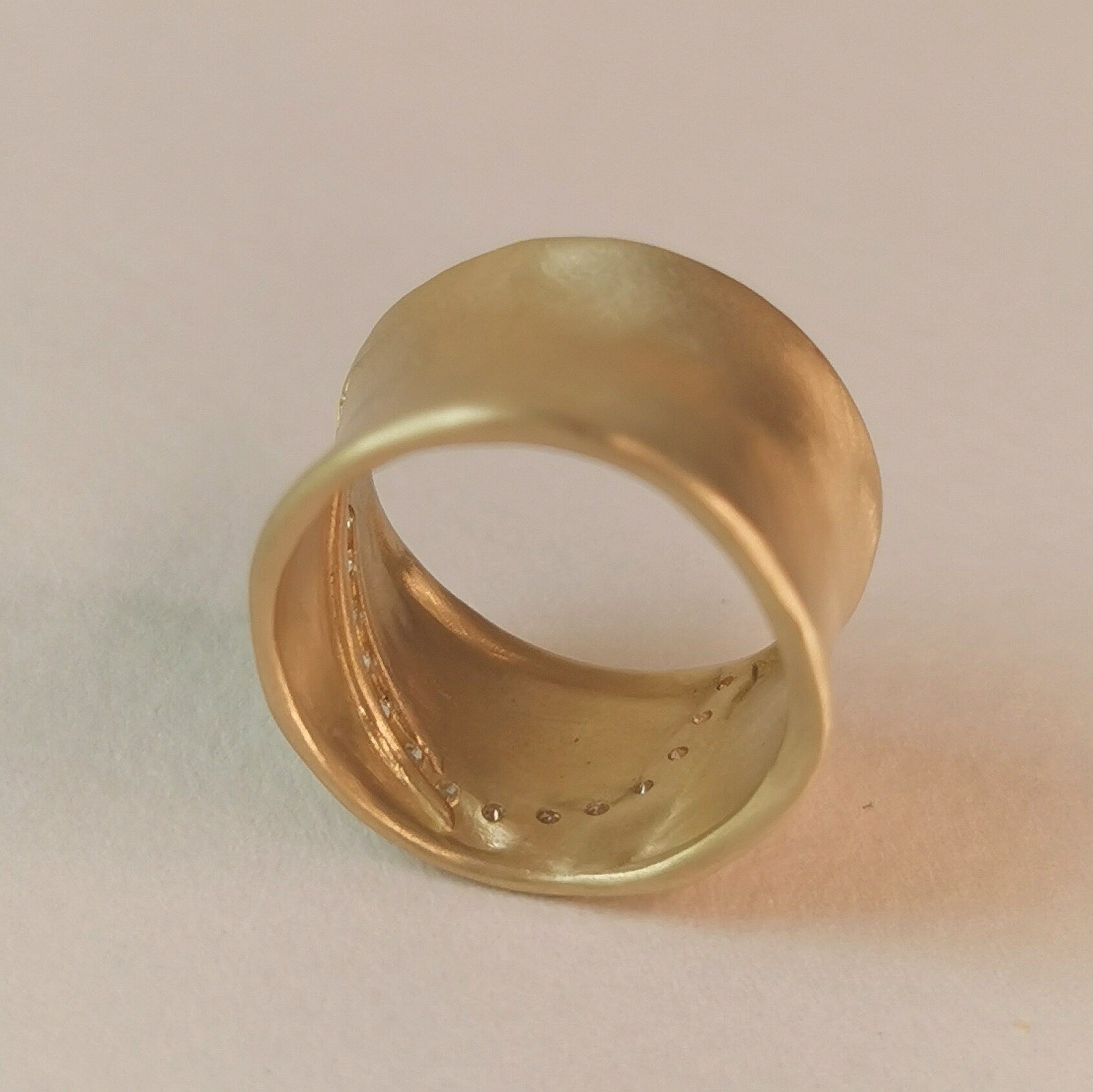 12mm Wide Matte Gold Ring with 15 small Diamonds-ZadokGold