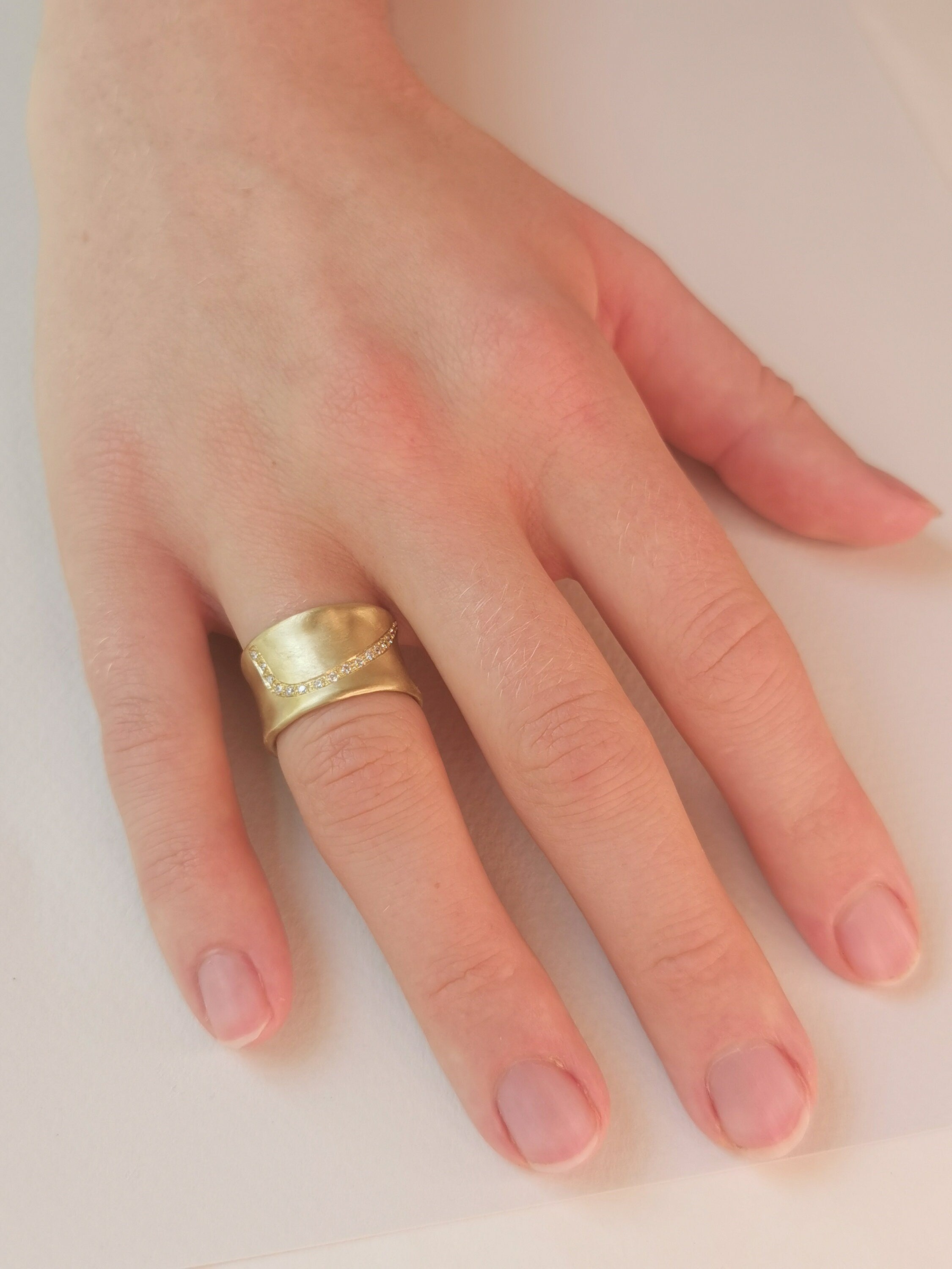 12mm Wide Matte Gold Ring with 15 small Diamonds-ZadokGold