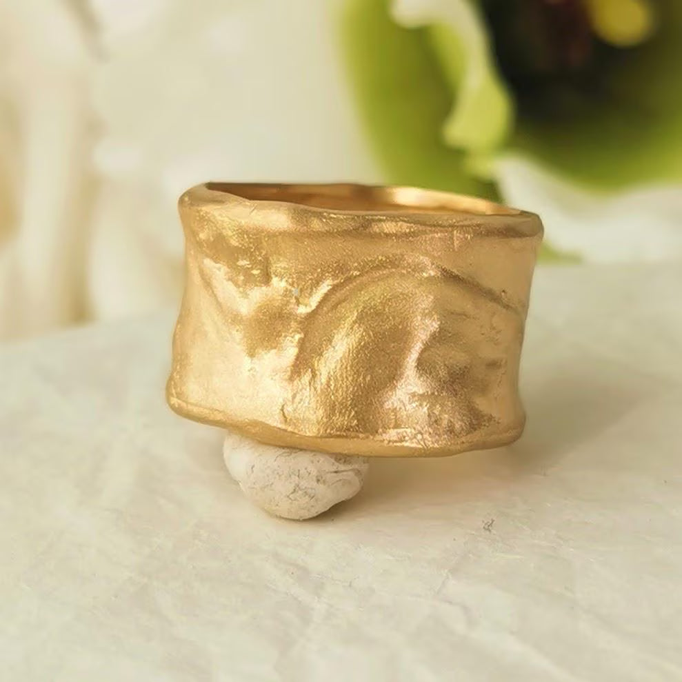 22k Solid Gold Ring 12mm Wide Wedding Band with Textured Surface