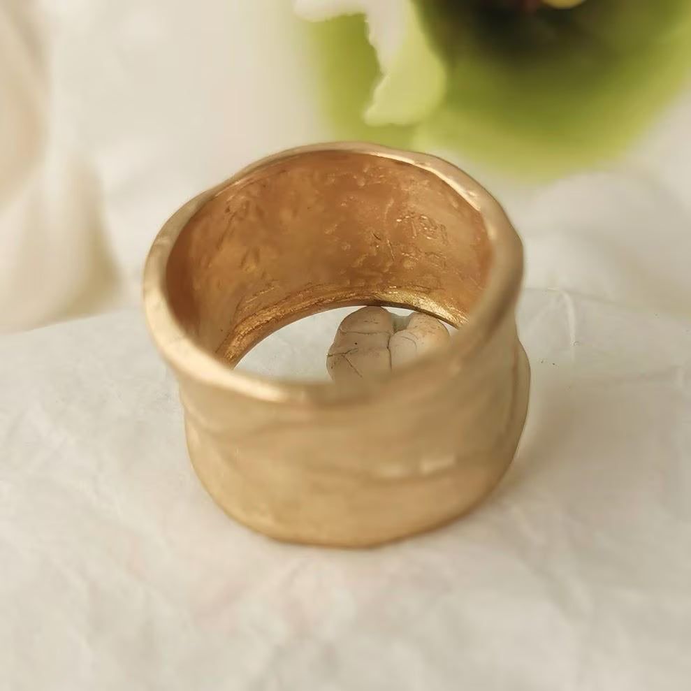 22k Solid Gold Ring 12mm Wide Wedding Band with Textured Surface