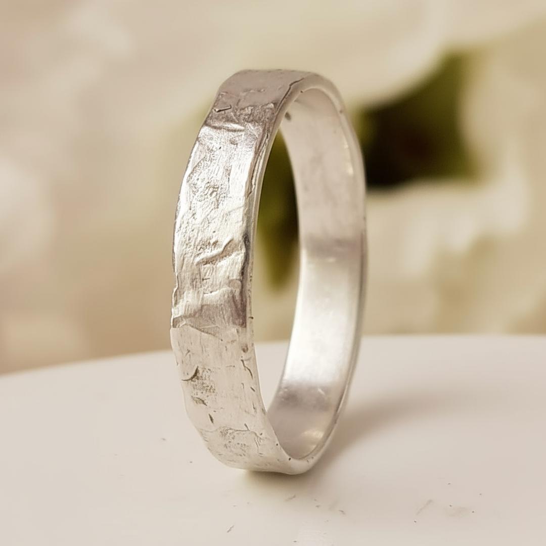 4mm Sterling Silver Hammered Rough Textured Wedding Band