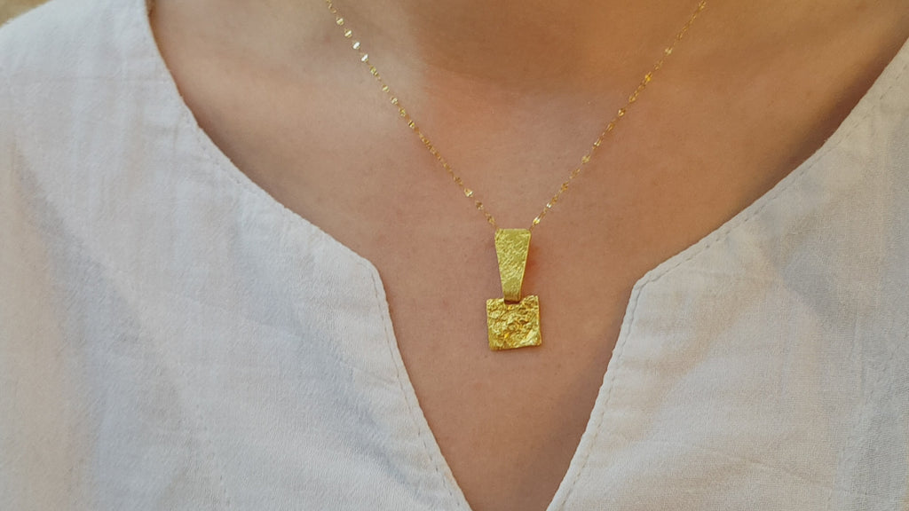 14k Textured Gold Square Geometric Pendant Necklace-ZadokGold