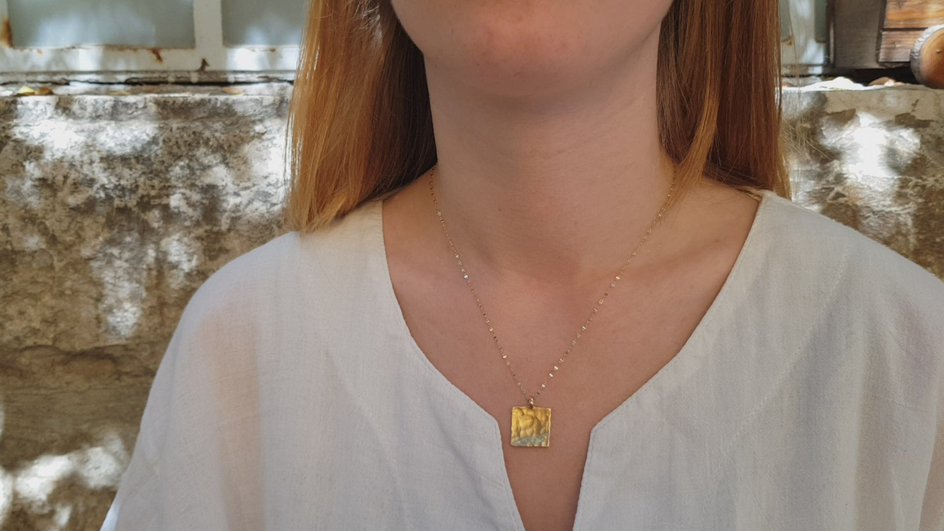 14k Hammered Gold Small Square Pendant Necklace-ZadokGold