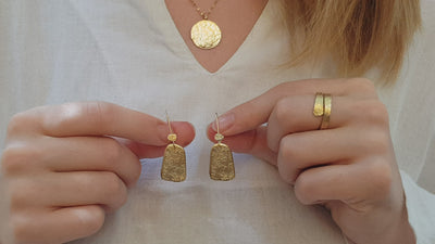 Geometric Rectangle Dangle Hammered Gold Earrings Gold Plated